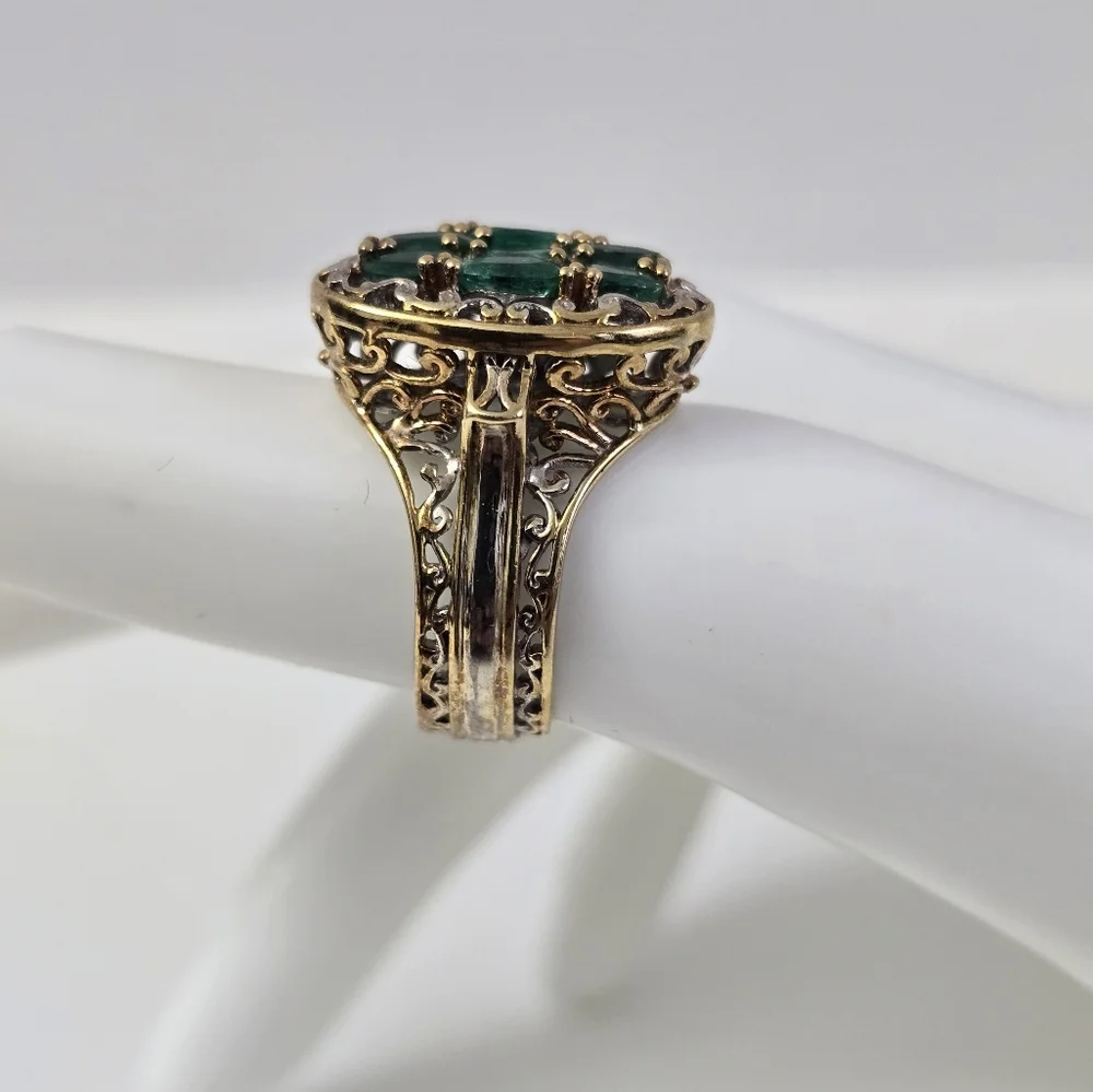 Sterling Silver 925 Intricate Green and Gold Ring with Emerald Cluster